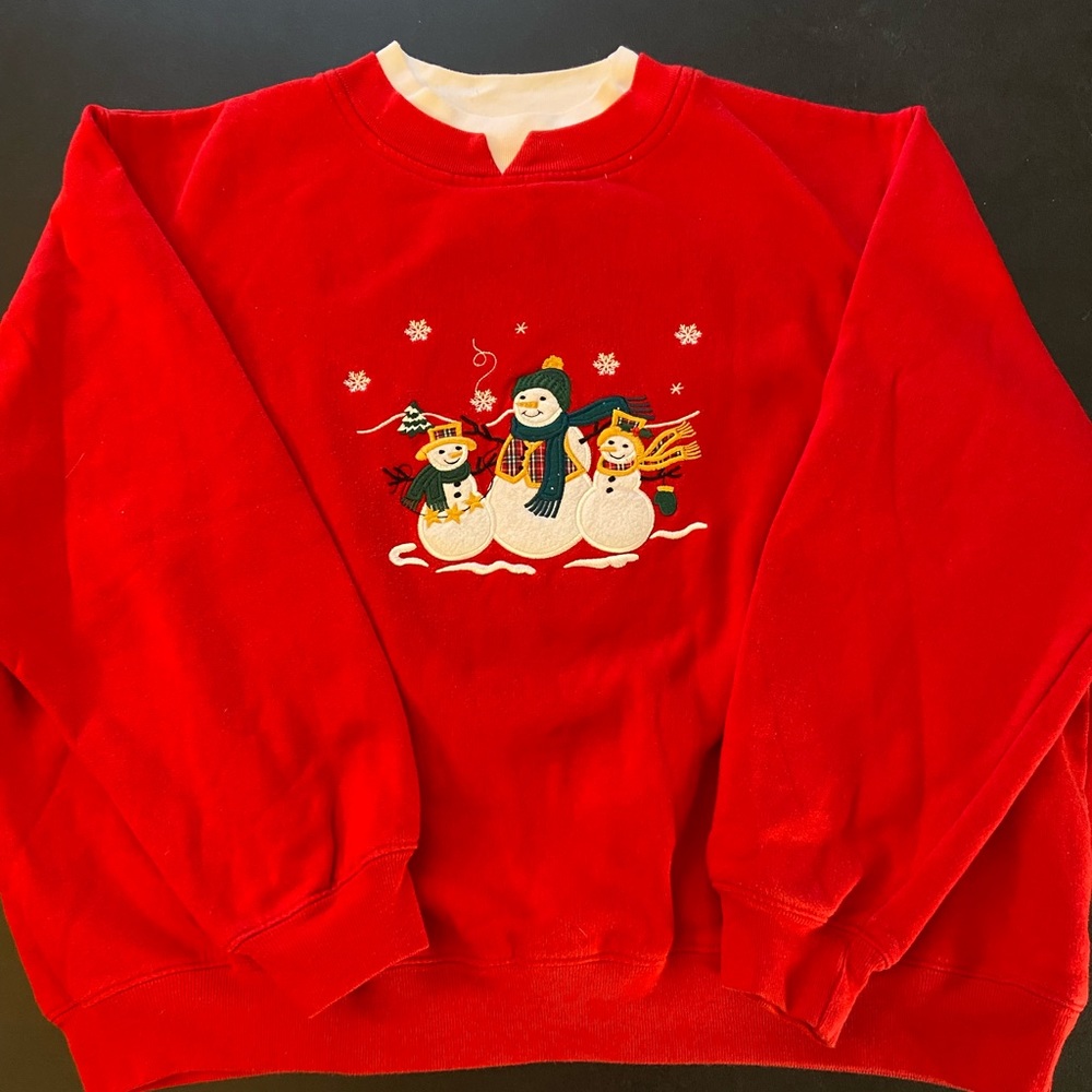 Embroidered red snowman grandma style sweater